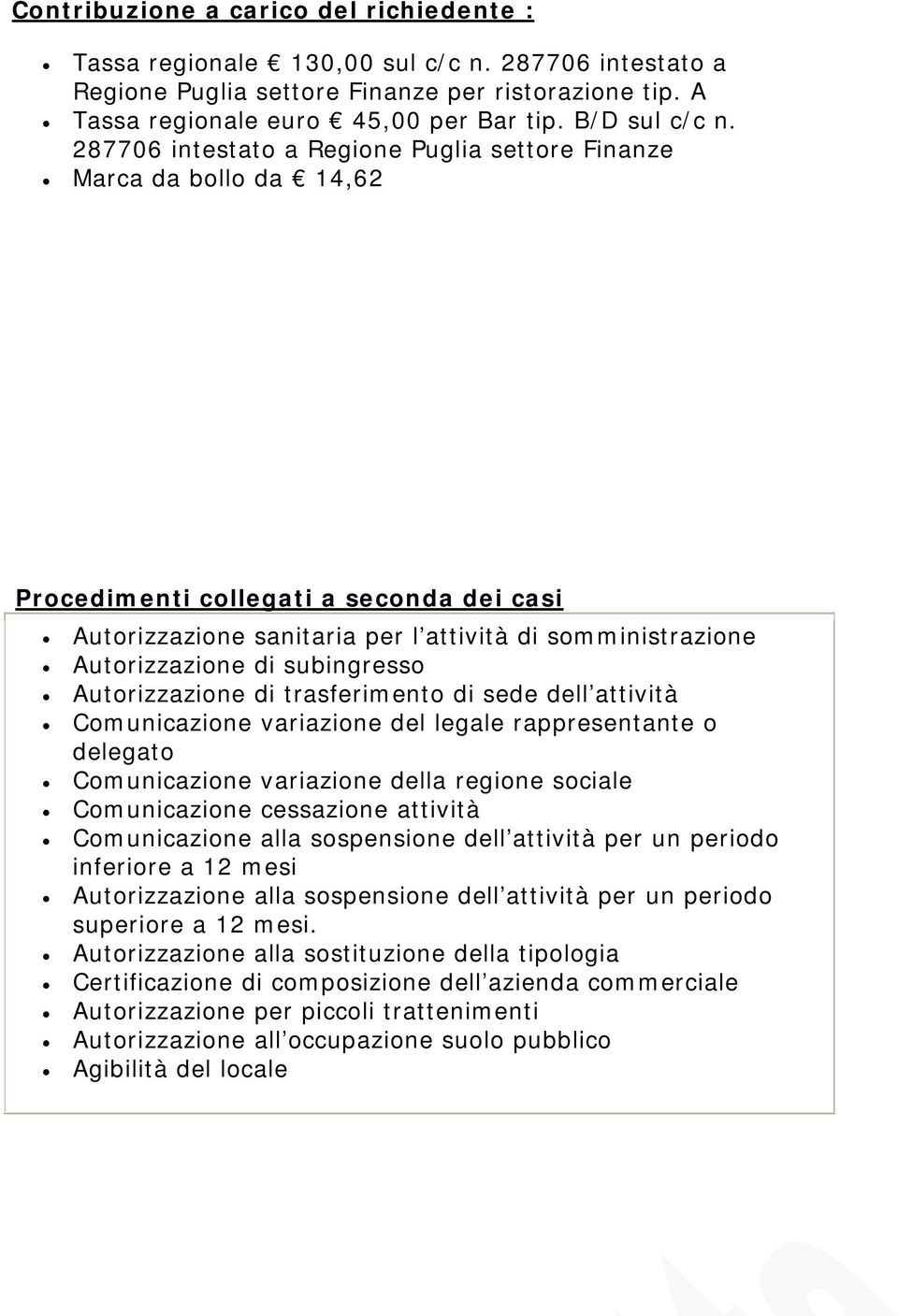 287706 intestato a Regione Puglia settore Finanze Marca da bollo da 14,62 Procedimenti collegati a seconda dei casi Autorizzazione sanitaria per l attività di somministrazione Autorizzazione di