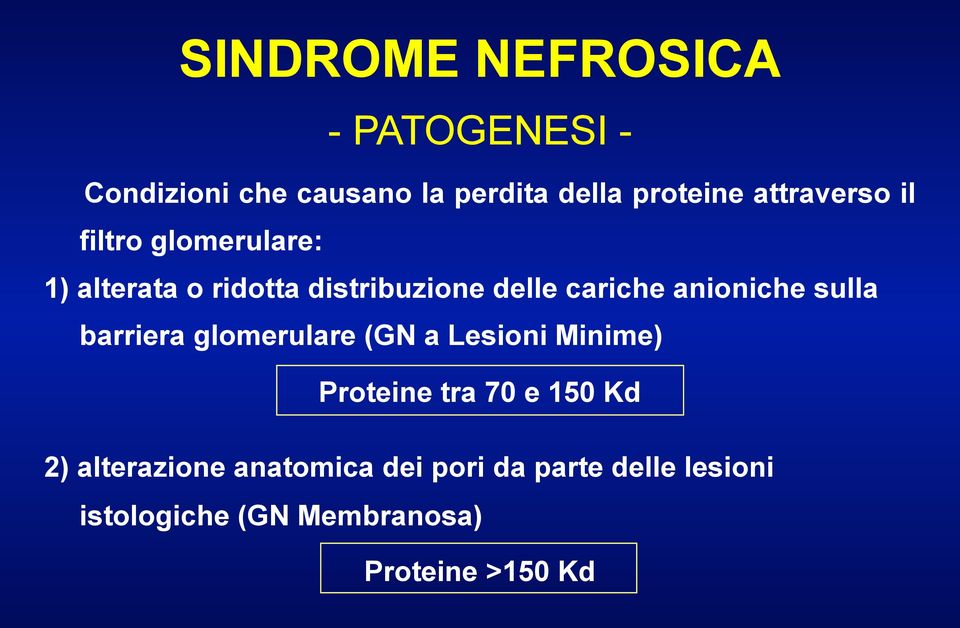 anioniche sulla barriera glomerulare (GN a Lesioni Minime) Proteine tra 70 e 150 Kd 2)