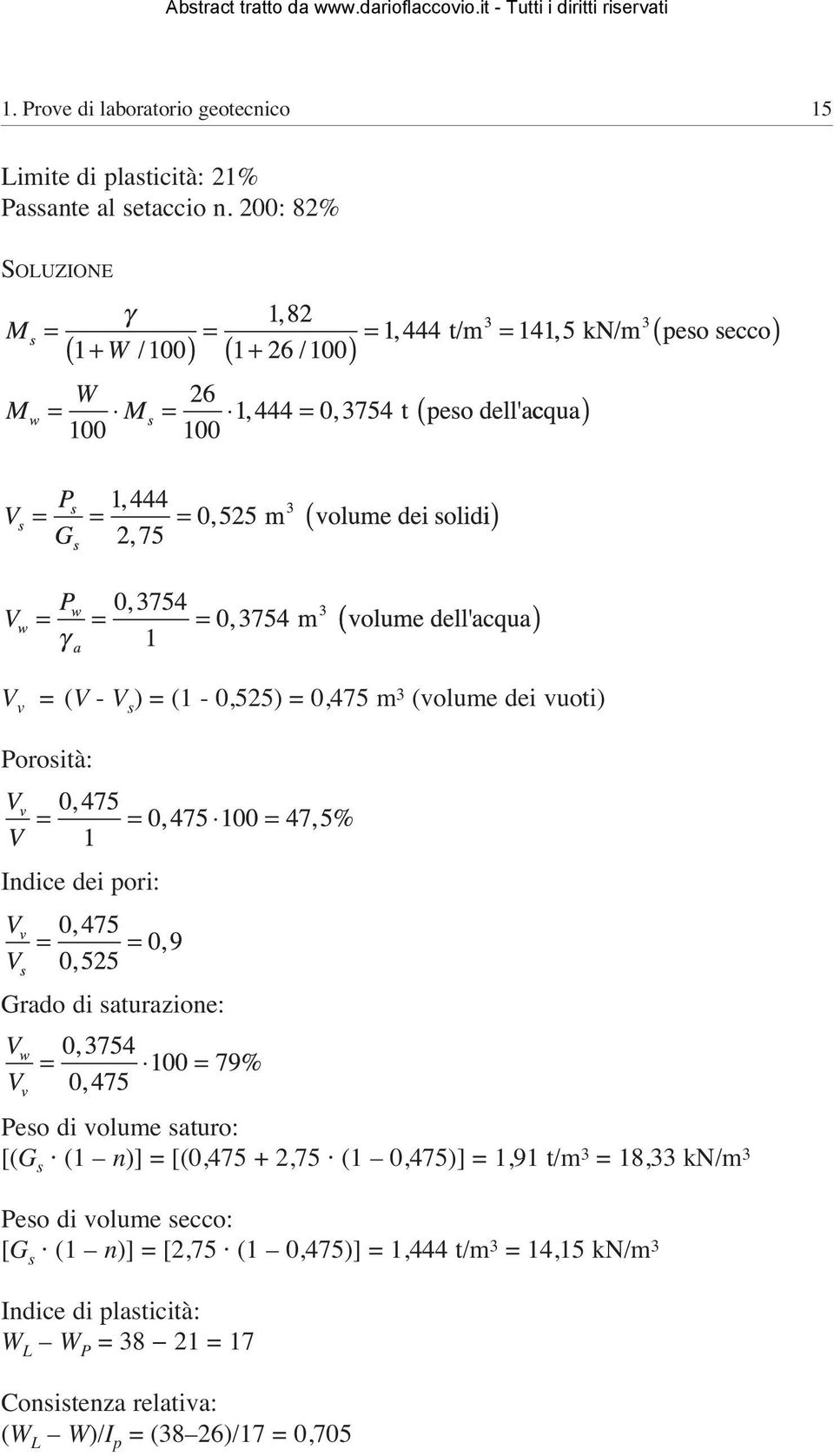 saturazione: Peso di volume saturo: [(G s (1 n)] = [(0,475 + 2,75 (1 0,475)] = 1,91 t/m 3 = 18,33 kn/m 3 Peso di volume