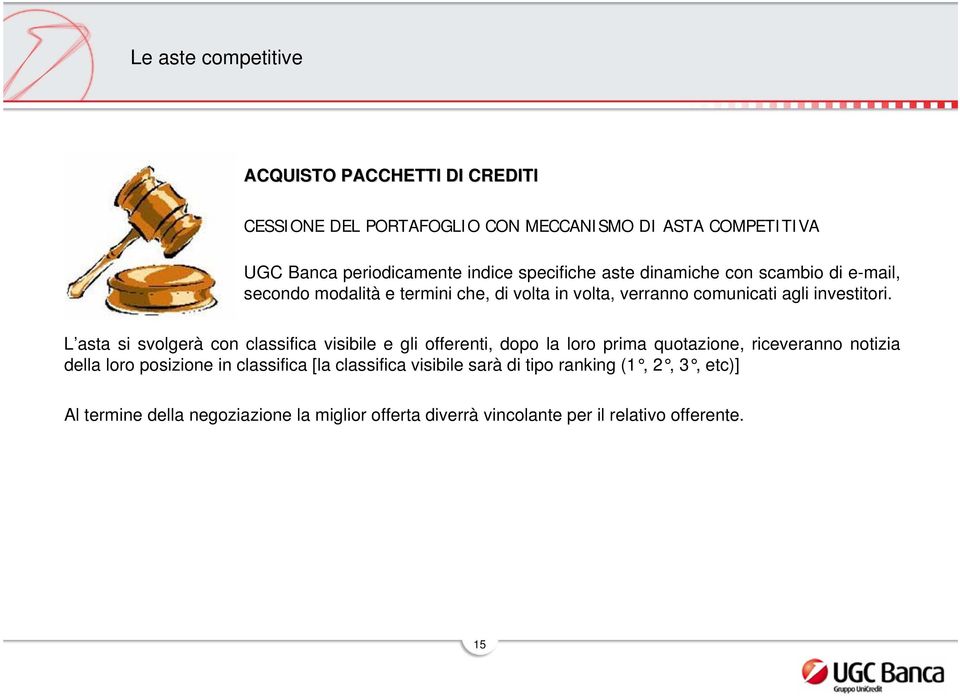 L asta si svolgerà con classifica visibile e gli offerenti, dopo la loro prima quotazione, riceveranno notizia della loro posizione in classifica