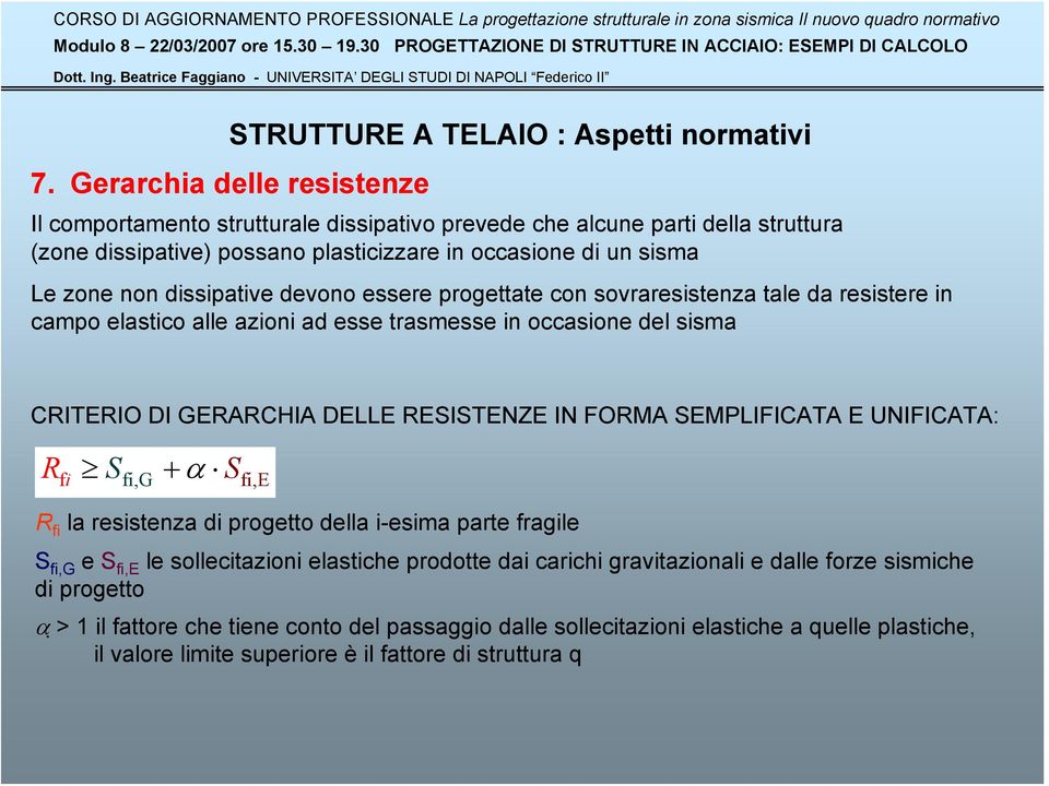 devono essere progettate con sovraresistenza tale da resistere in campo elastico alle azioni ad esse trasmesse in occasione del sisma CRITERIO DI GERARCHIA DELLE RESISTENZE IN FORMA SEMPLIFICATA E