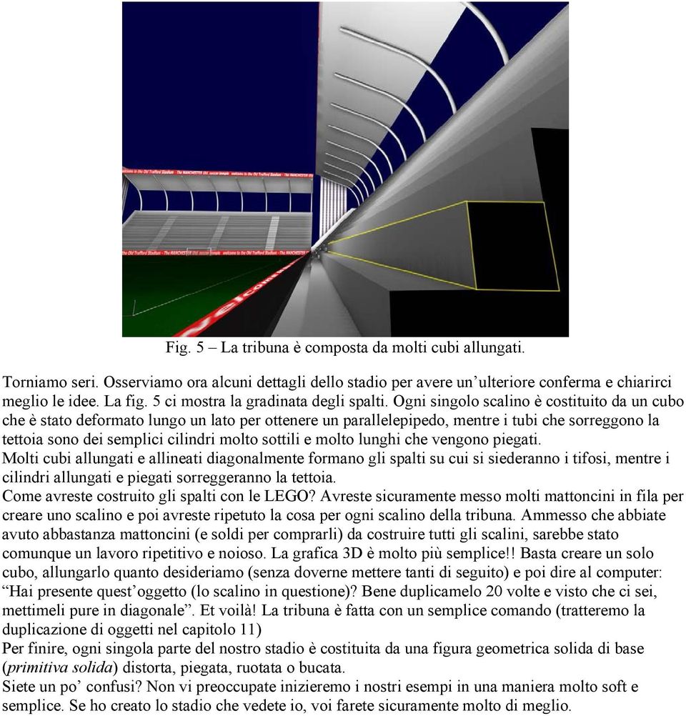 Ogni singolo scalino è costituito da un cubo che è stato deformato lungo un lato per ottenere un parallelepipedo, mentre i tubi che sorreggono la tettoia sono dei semplici cilindri molto sottili e