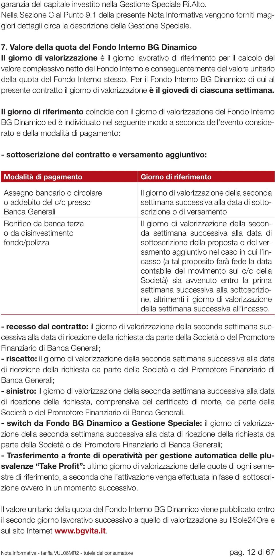 Valore della quota del Fondo Interno BG Dinamico Il giorno di valorizzazione è il giorno lavorativo di riferimento per il calcolo del valore complessivo netto del Fondo Interno e conseguentemente del