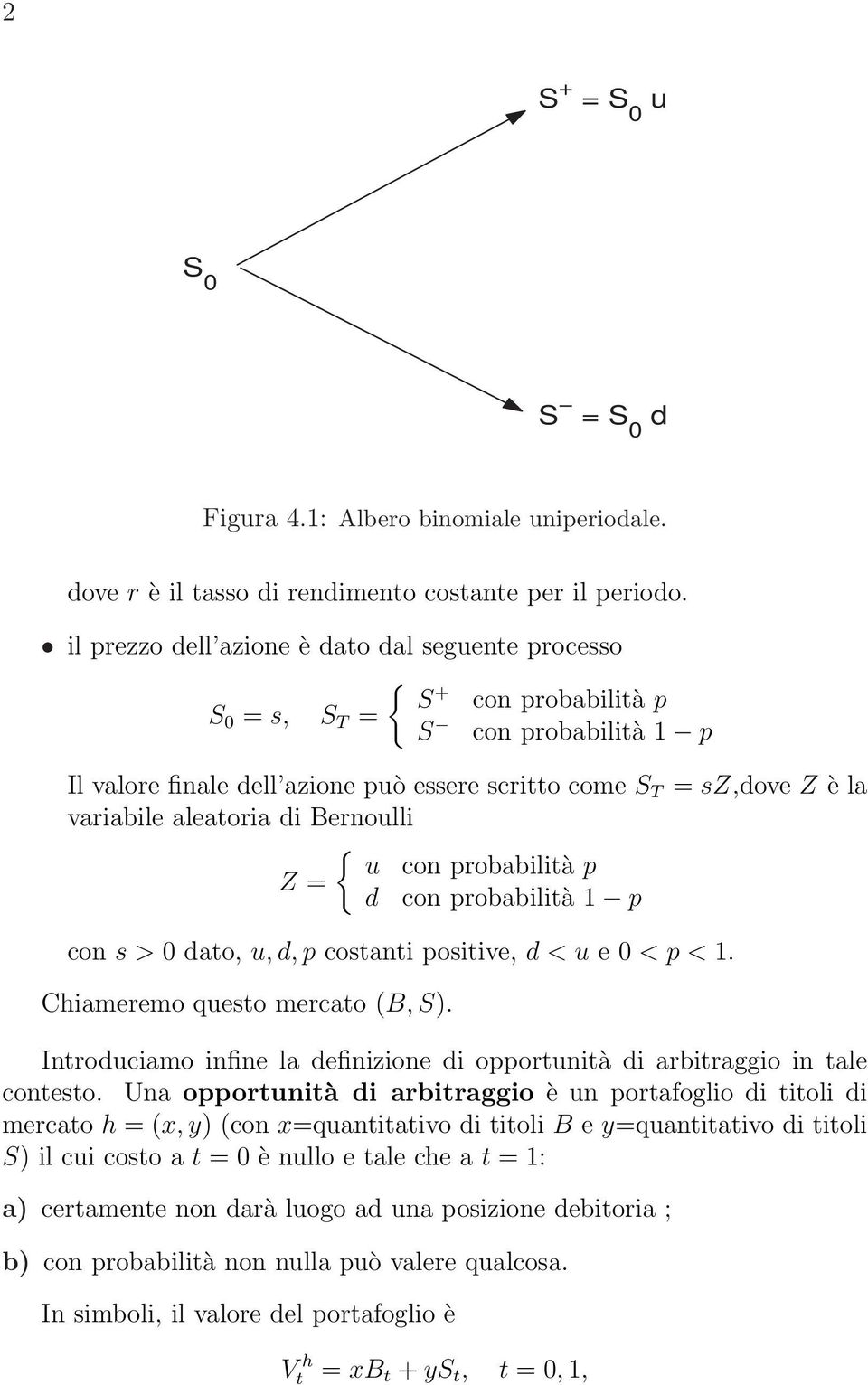 di Bernoulli { u con probabilità p Z = d con probabilità p con s > 0 dato, u, d, p costanti positive, d < u e 0 < p <. Chiameremo questo mercato B, S.