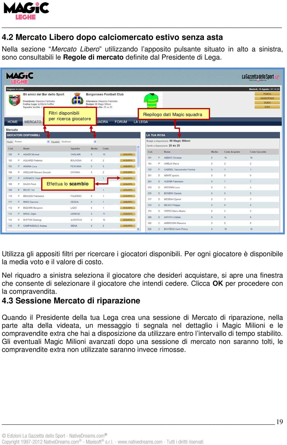 Per ogni giocatore è disponibile la media voto e il valore di costo.