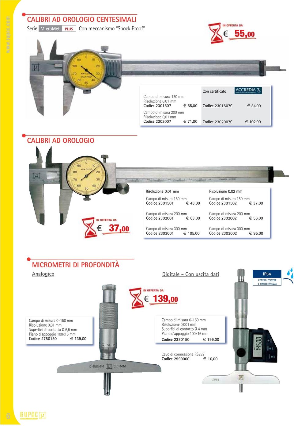 Risoluzione 0,02 mm Campo di misura 150 mm Codice 2301502 37,00 Campo di misura 200 mm Codice 2302002 56,00 Campo di misura 300 mm Codice 2303002 95,00 MICROMETRI DI PROFONDITÀ Analogico Digitale -