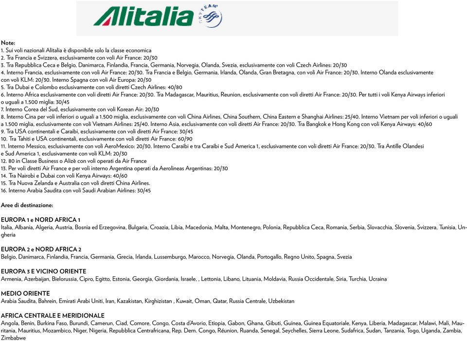 Interno Francia, esclusivamente con voli Air France: 20/30. Tra Francia e Belgio, Germania, Irlanda, Olanda, Gran Bretagna, con voli Air France: 20/30.