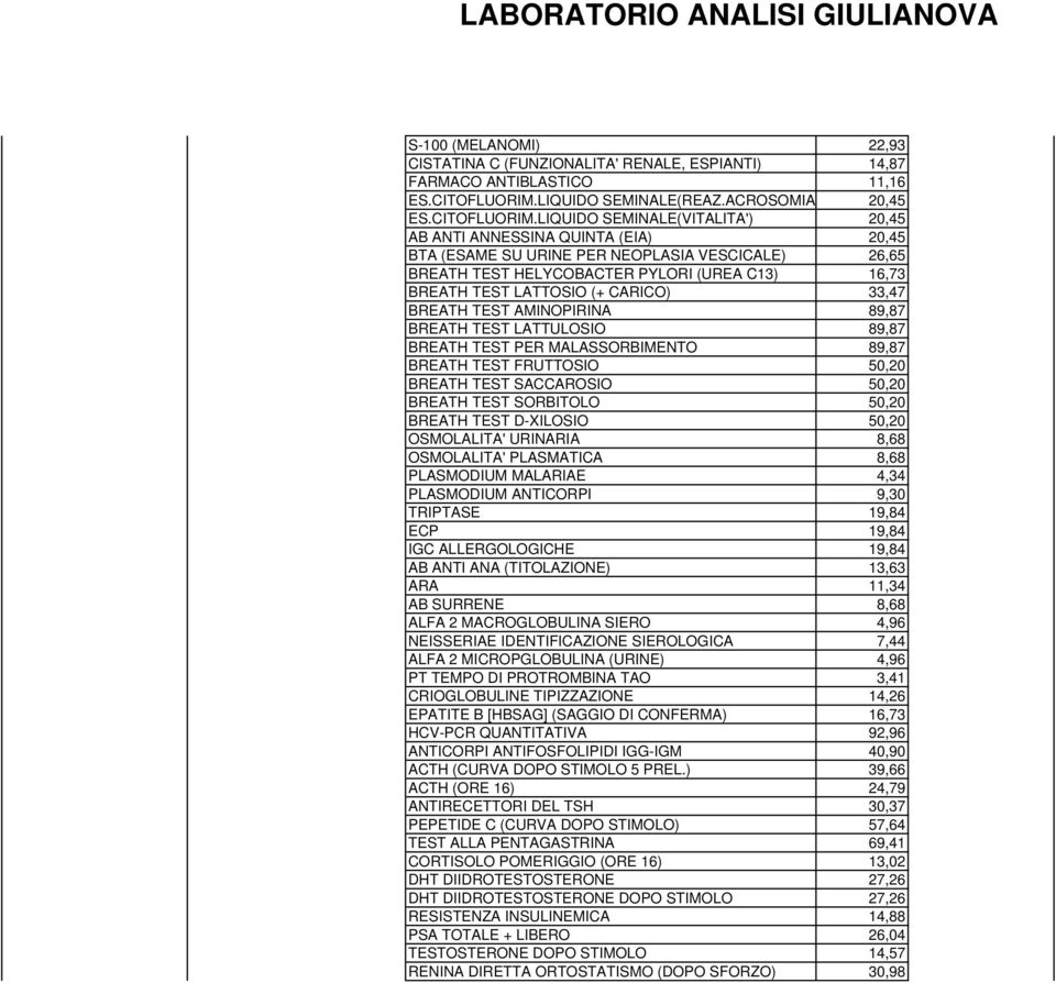 LIQUIDO SEMINALE(VITALITA') 20,45 AB ANTI ANNESSINA QUINTA (EIA) 20,45 BTA (ESAME SU URINE PER NEOPLASIA VESCICALE) 26,65 BREATH TEST HELYCOBACTER PYLORI (UREA C13) 16,73 BREATH TEST LATTOSIO (+