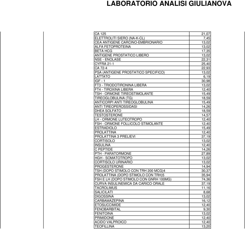 18,59 ANTICORPI ANTI TIREOGLOBULINA 15,49 ANTI TIREOPEROSSIDASI 14,26 DHEA SOLFATO 18,59 TESTOSTERONE 14,57 LH - ORMONE LUTEOTROPO 12,40 FSH - ORMONE FOLLICOLO STIMOLANTE 12,40 ESTRADIOLO 15,49