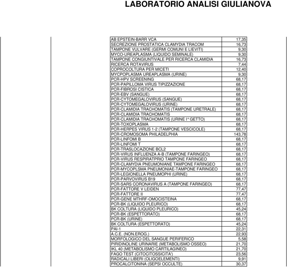 (SANGUE) 68,17 PCR-CYTOMEGALOVIRUS (SANGUE) 68,17 PCR-CYTOMEGALOVIRUS (URINE) 68,17 PCR-CLAMIDIA TRACHOMATIS (TAMPONE URETRALE) 68,17 PCR-CLAMIDIA TRACHOMATIS 68,17 PCR-CLAMIDIA TRACHOMATIS (URINE I