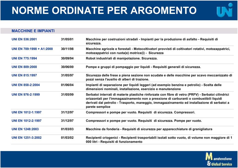 775:1994 30/09/94 Robot industriali di manipolazione. Sicurezza. UNI EN 809:2000 30/06/00 Pompe e gruppi di pompaggio per liquidi - Requisiti generali di sicurezza.