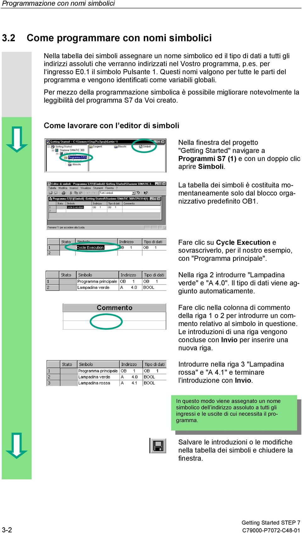 per l ingresso E0.1 il simbolo Pulsante 1. Questi nomi valgono per tutte le parti del programma e vengono identificati come variabili globali.