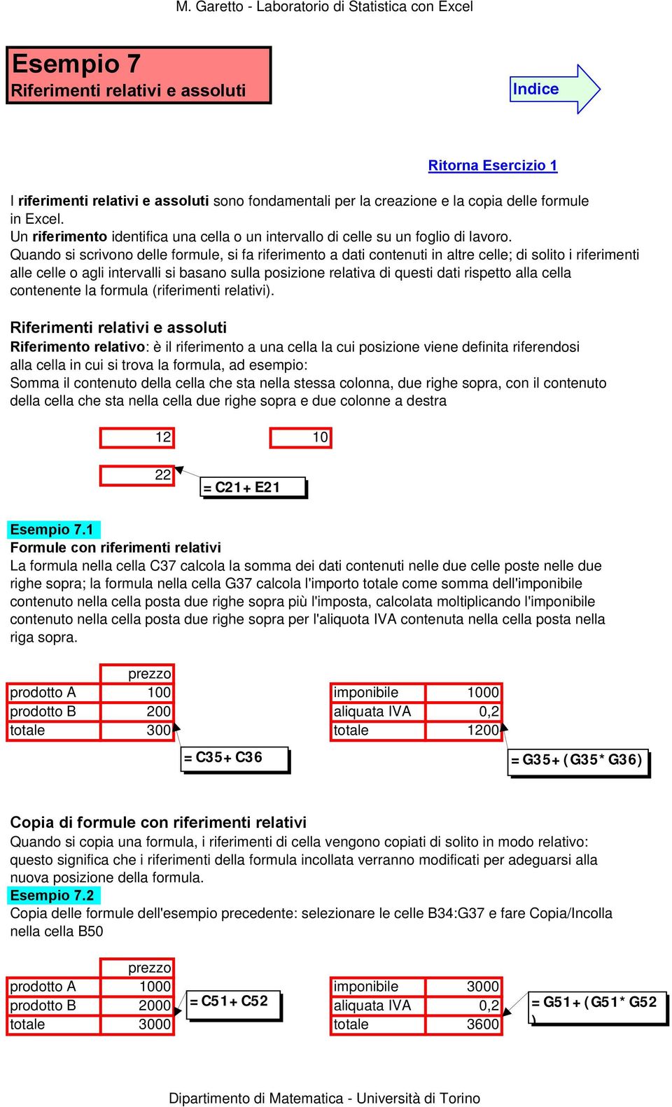 Quando si scrivono delle formule, si fa riferimento a dati contenuti in altre celle; di solito i riferimenti alle celle o agli intervalli si basano sulla posizione relativa di questi dati rispetto