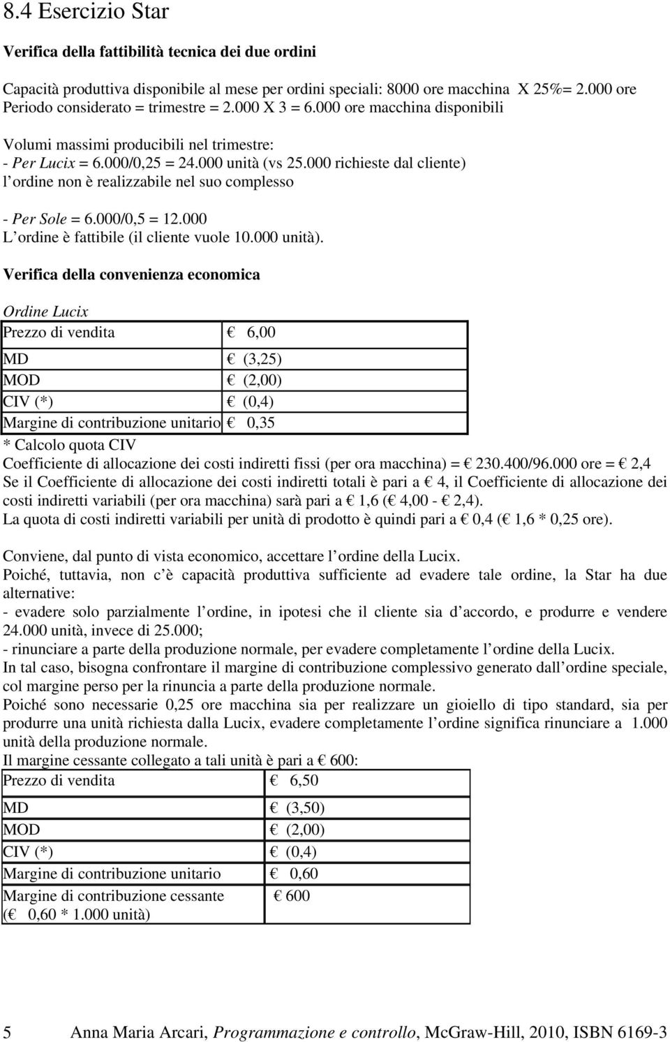 000 richieste dal cliente) l ordine non è realizzabile nel suo complesso - Per Sole = 6.000/0,5 = 12.000 L ordine è fattibile (il cliente vuole 10.000 unità).