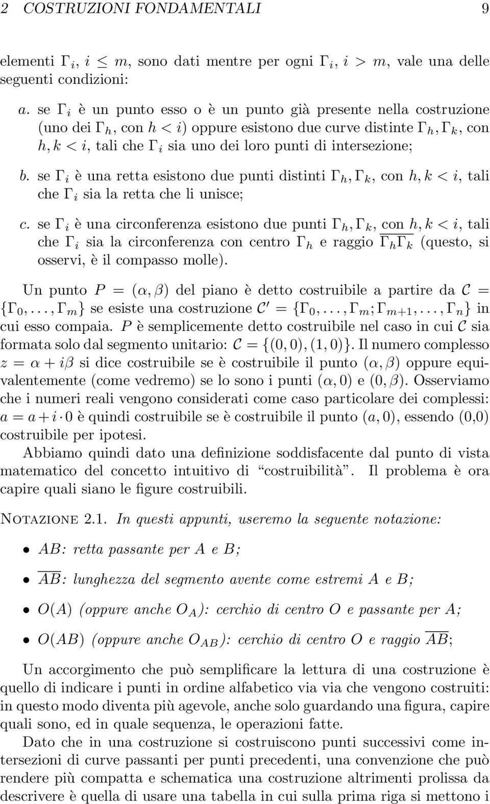 intersezione; b. se Γ i è una retta esistono due punti distinti Γ h, Γ k, con h, k < i, tali che Γ i sia la retta che li unisce; c.