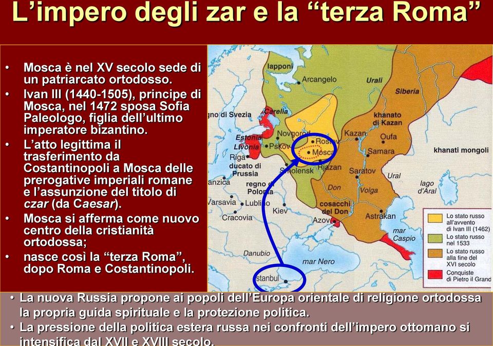 L atto legittima il trasferimento da Costantinopoli a Mosca delle prerogative imperiali romane e l assunzione del titolo di czar (da Caesar).
