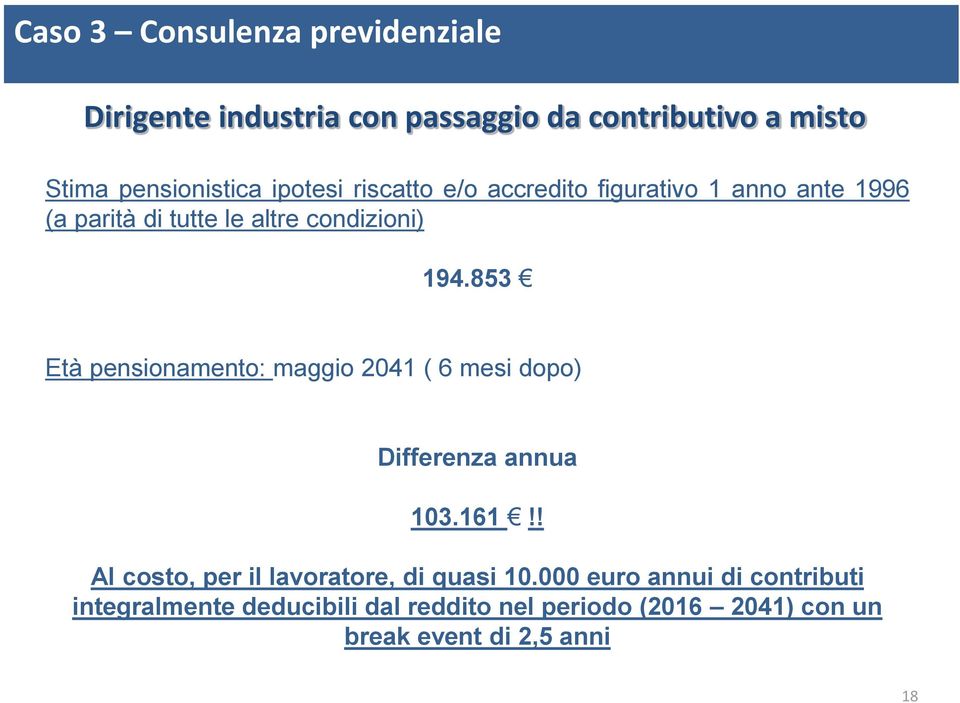 853 Età pensionamento: maggio 2041 ( 6 mesi dopo) Differenza annua 103.161!