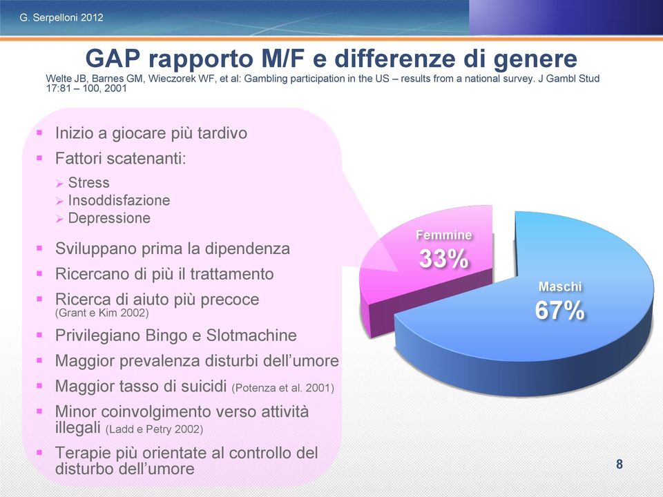 trattamento Ricerca di aiuto più precoce (Grant e Kim 2002) Privilegiano Bingo e Slotmachine Maggior prevalenza disturbi dell umore Femmine 33% Maschi 67% Maggior