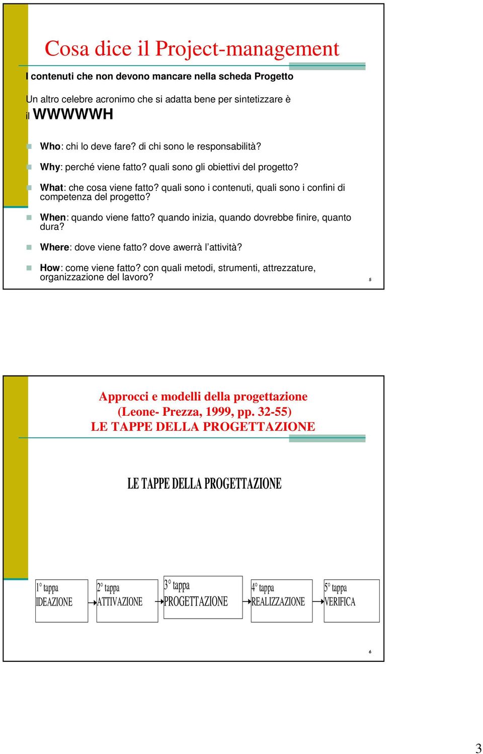 quali sono i contenuti, quali sono i confini di competenza del progetto? When: quando viene fatto? quando inizia, quando dovrebbe finire, quanto dura? Where: dove viene fatto?