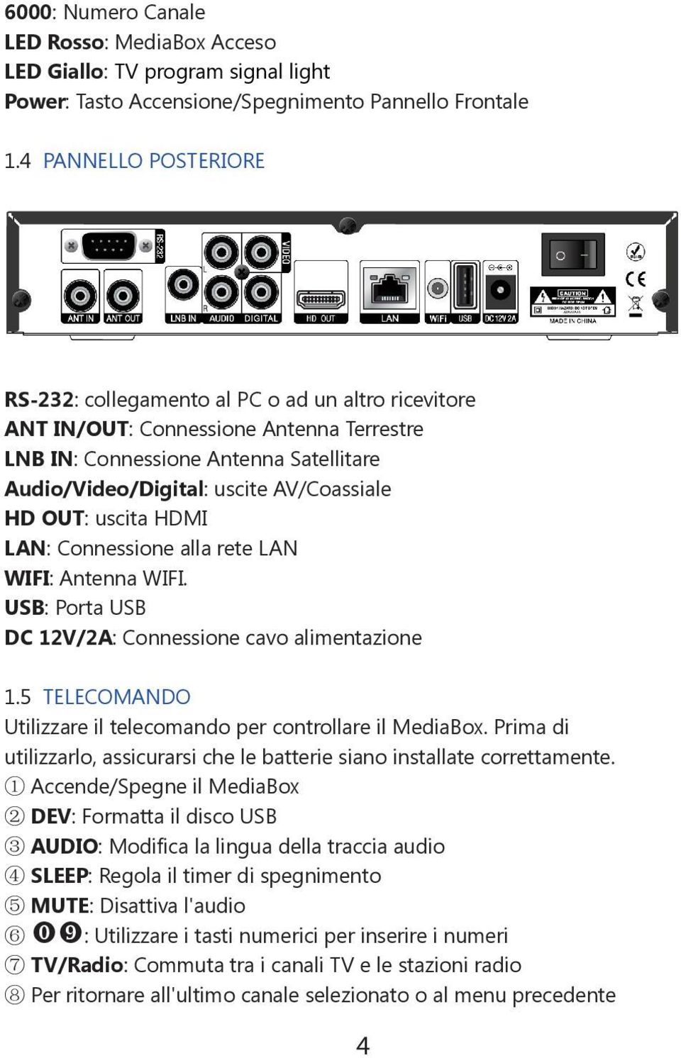 OUT: uscita HDMI LAN: Connessione alla rete LAN WIFI: Antenna WIFI. USB: Porta USB DC 12V/2A: Connessione cavo alimentazione 1.5 TELECOMANDO Utilizzare il telecomando per controllare il MediaBox.