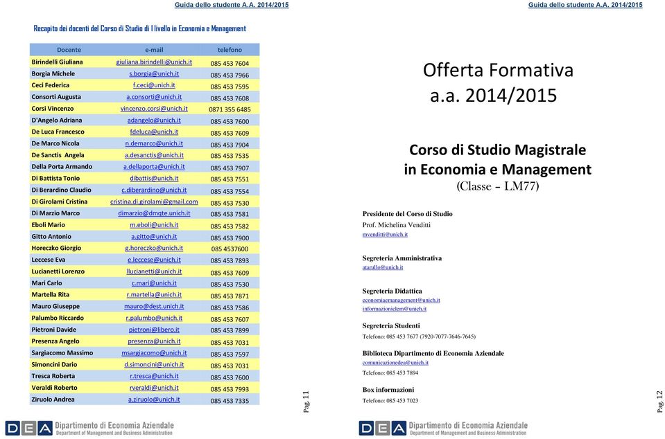 corsi@unich.it 0871 355 6485 Offerta Formativa a.a. 2014/2015 D'Angelo Adriana adangelo@unich.it 085 453 7600 De Luca Francesco fdeluca@unich.it 085 453 7609 De Marco Nicola n.demarco@unich.