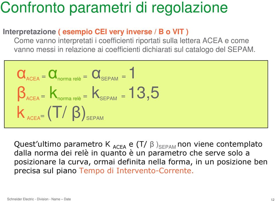 α ACEA = α norma relè = α SEPAM = 1 β ACEA = k norma relè = k SEPAM = 13,5 k ACEA = (T/ β) SEPAM Quest ultimoparametrok ACEA e (T/β ) SEPAM