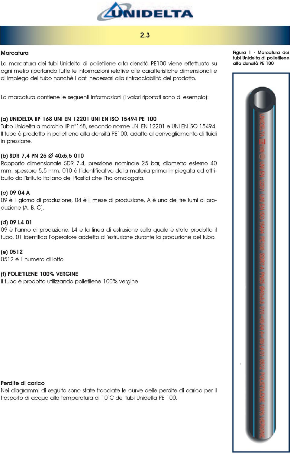 Figura 1 - Marcatura dei tubi Unidelta di polietilene alta densità PE 100 La marcatura contiene le seguenti informazioni (i valori riportati sono di esempio): (a) UNIDELTA IIP 168 UNI EN 12201 UNI EN