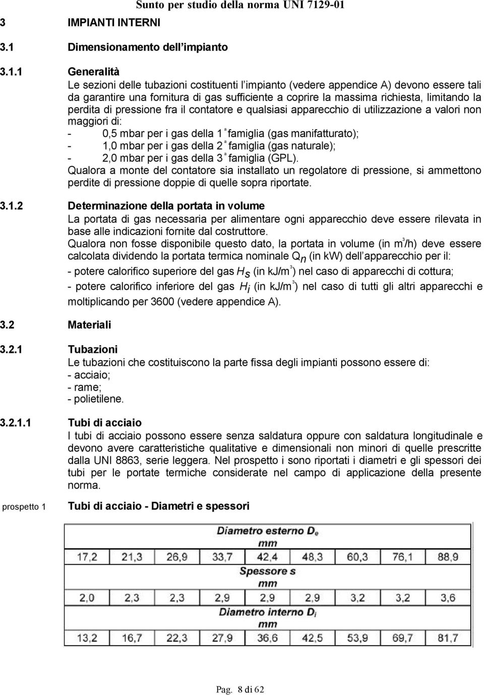 9-01 3.1.1 Generalità Le sezioni delle tubazioni costituenti l impianto (vedere appendice A) devono essere tali da garantire una fornitura di gas sufficiente a coprire la massima richiesta, limitando