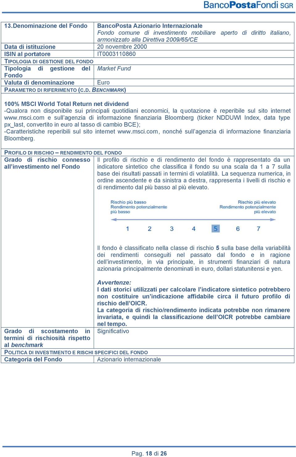 GESTIONE DEL FONDO Tipologia di gestione del Market Fund Fondo Valuta di denominazione Euro PARAMETRO DI RIFERIMENTO (C.D. BENCHMARK) 100% MSCI World Total Return net dividend -Qualora non disponibile sui principali quotidiani economici, la q uotazione è reperibile sul sito internet www.