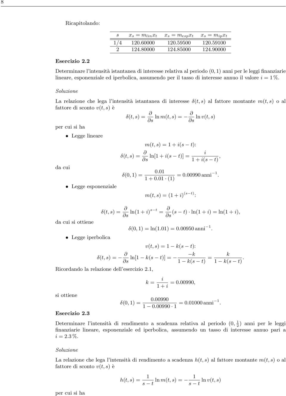 %. La relazione che lega l intensità istantanea di interesse δ(t, s) al fattore montante m(t, s) o al fattore di sconto v(t, s) è δ(t, s) = s ln m(t, s) = ln v(t, s) s per cui si ha Legge lineare da