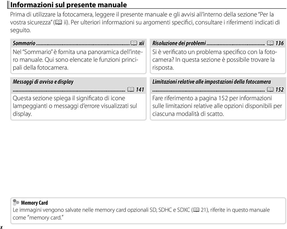 Qui sono elencate le funzioni principali della fotocamera. Messaggi di avviso e display... P 141 Questa sezione spiega il significato di icone lampeggianti o messaggi d errore visualizzati sul display.