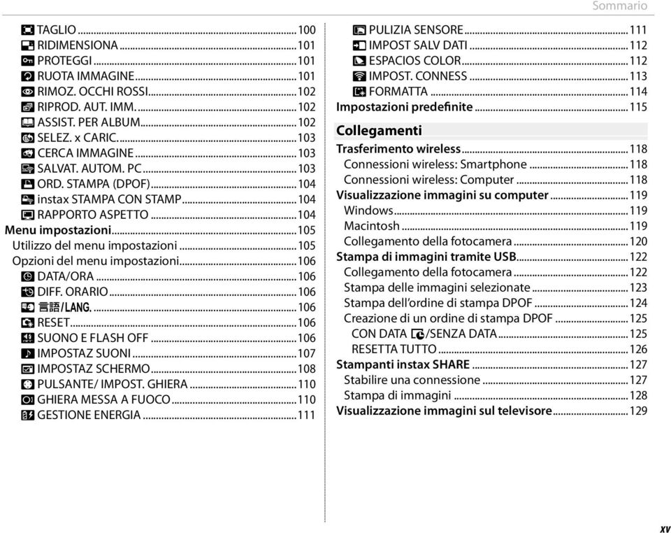 ..105 Opzioni del menu impostazioni...106 F DATA/ORA...106 N DIFF. ORARIO...106 Q a...106 R RESET...106 o SUONO E FLASH OFF...106 b IMPOSTAZ SUONI...107 A IMPOSTAZ SCHERMO...108 h PULSANTE/ IMPOST.