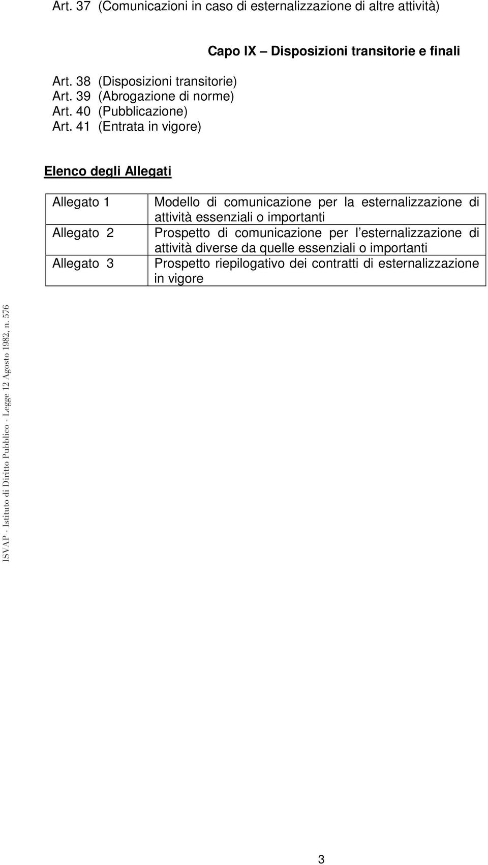 41 (Entrata in vigore) Capo IX Disposizioni transitorie e finali Elenco degli Allegati Allegato 1 Allegato 2 Allegato 3 Modello di