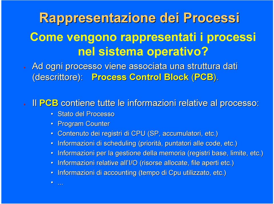 Il PCB contiene tutte le informazioni relative al processo: Stato del Processo Program Counter Contenuto dei registri di CPU (SP, accumulatori, etc.