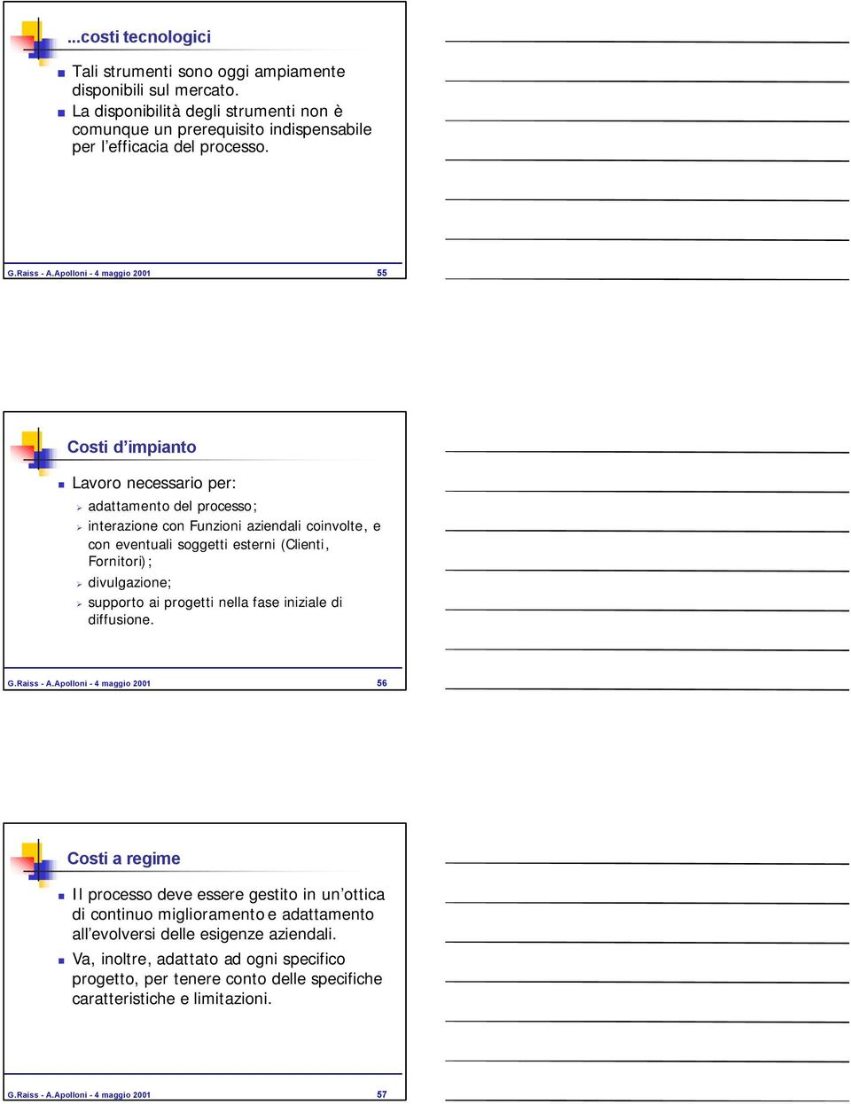 Apolloni - 4 maggio 2001 55 Costi d impianto Lavoro necessario per: adattamento del processo; interazione con Funzioni aziendali coinvolte, e con eventuali soggetti esterni (Clienti, Fornitori);