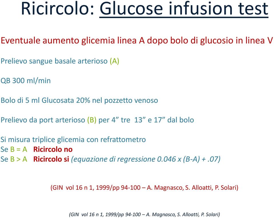 Si misura triplice glicemia con refrattometro Se B = A Ricircolo no Se B > A Ricircolo si (equazione di regressione 0.046 x (B-A) +.
