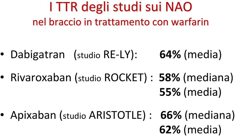 Rivaroxaban(studio ROCKET) : 58% (mediana) 55%