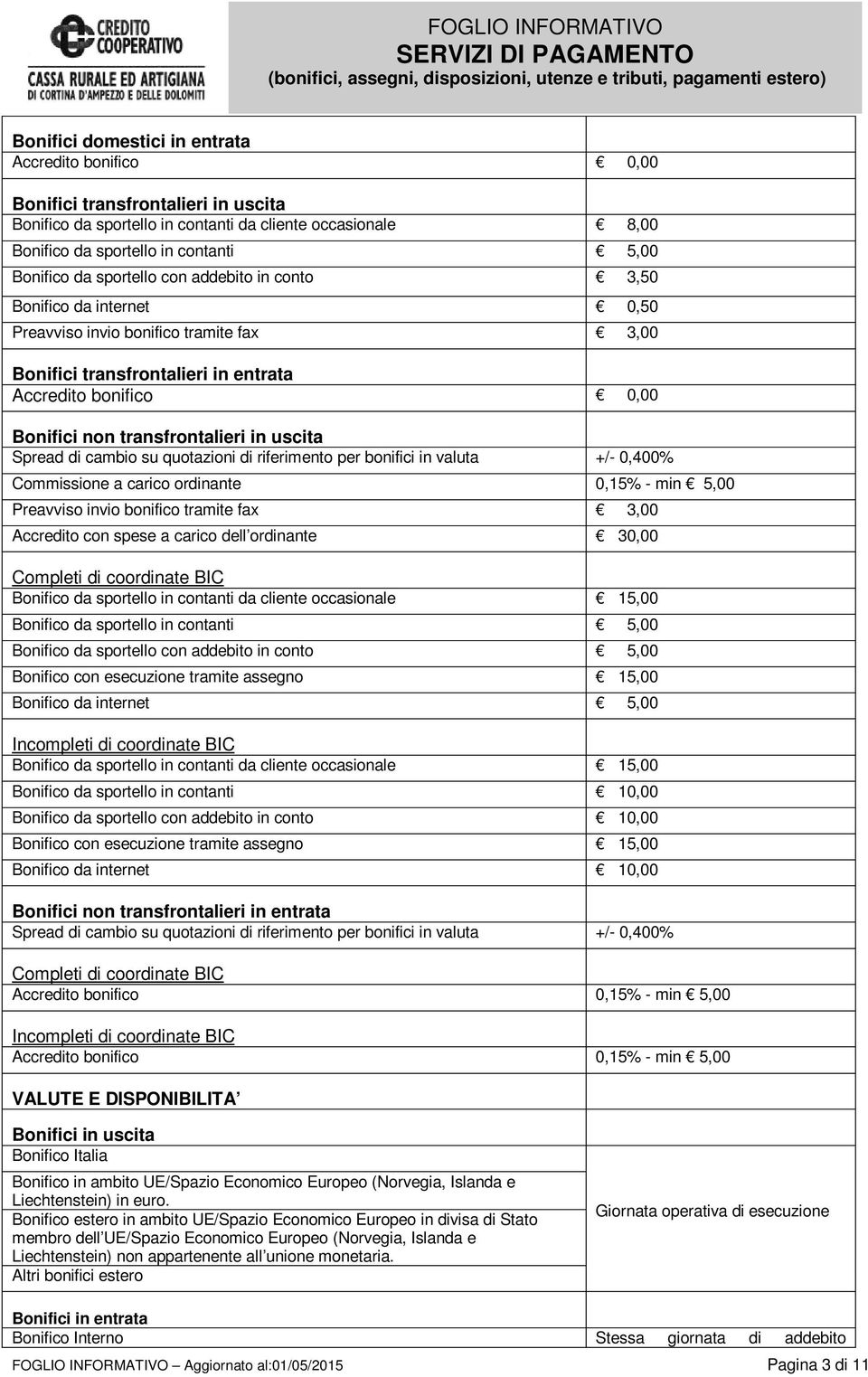 in uscita Spread di cambio su quotazioni di riferimento per bonifici in valuta +/- 0,400% Commissione a carico ordinante 0,15% - min 5,00 Preavviso invio bonifico tramite fax 3,00 Accredito con spese