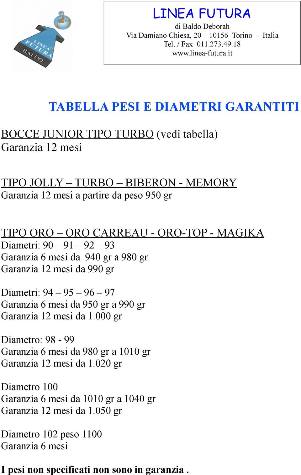 97 Garanzia 6 mesi da 950 gr a 990 gr Garanzia 12 mesi da 1.000 gr Diametro: 98-99 Garanzia 6 mesi da 980 gr a 1010 gr Garanzia 12 mesi da 1.