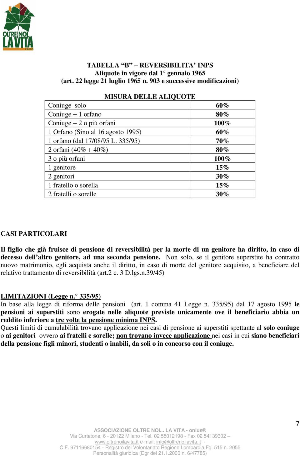 335/95) 70% 2 orfani (40% + 40%) 80% 3 o più orfani 100% 1 genitore 15% 2 genitori 30% 1 fratello o sorella 15% 2 fratelli o sorelle 30% CASI PARTICOLARI Il figlio che già fruisce di pensione di