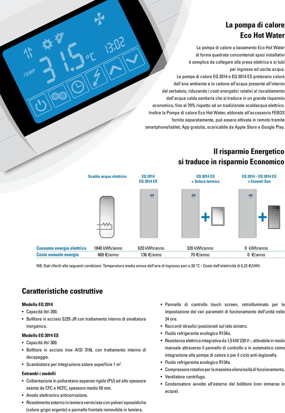 Le pompe di calore EQ 2014 e EQ 3014 ES prelevano calore dall aria ambiente e lo cedono all acqua presente all interno del serbatoio, riducendo i costi energetici relativi al riscaldamento dell acqua