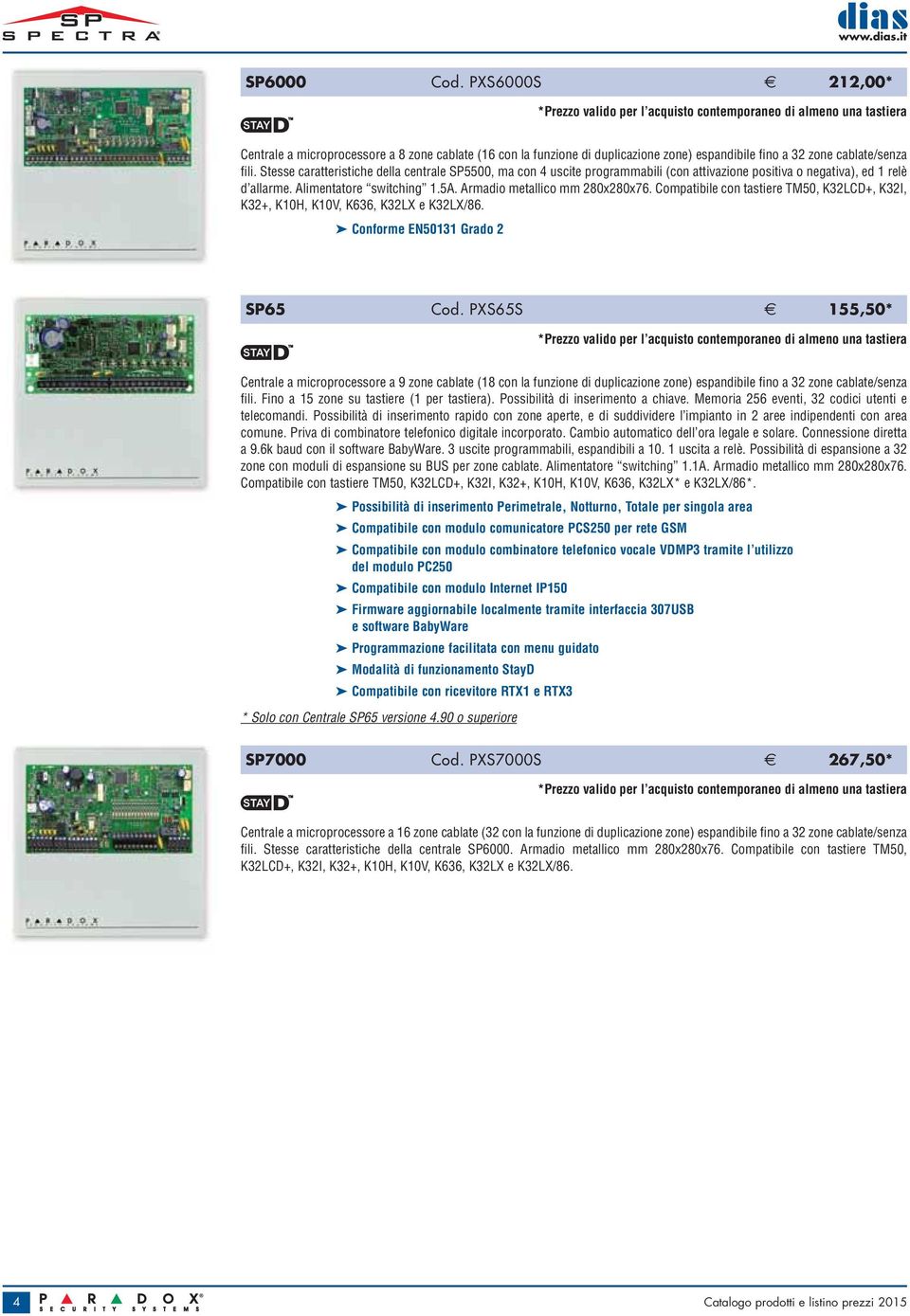 cablate/senza fili. Stesse caratteristiche della centrale SP5500, ma con 4 uscite programmabili (con attivazione positiva o negativa), ed 1 relè d allarme. Alimentatore switching 1.5A.