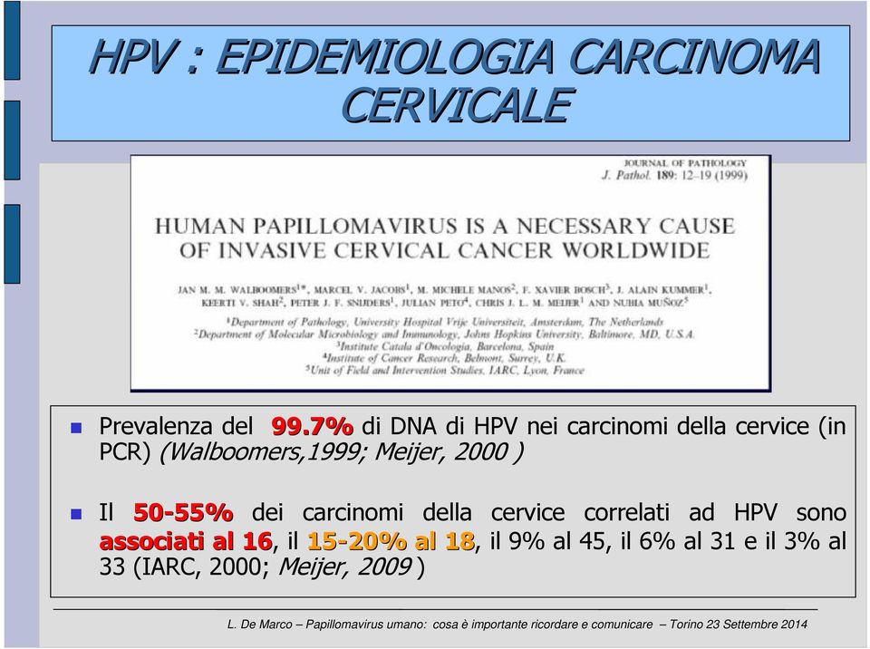 Meijer, 2000 ) Il 50-55% 55% dei carcinomi della cervice correlati ad HPV