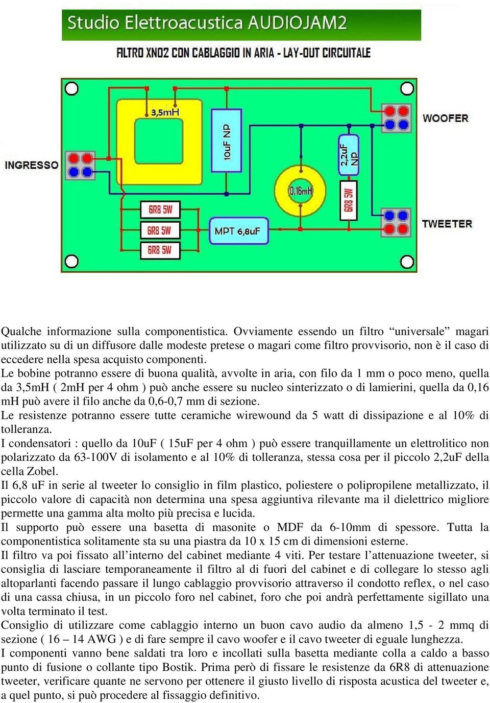 Le bobine potranno essere di buona qualità, avvolte in aria, con filo da 1 mm o poco meno, quella da 3,5mH ( 2mH per 4 ohm ) può anche essere su nucleo sinterizzato o di lamierini, quella da 0,16 mh