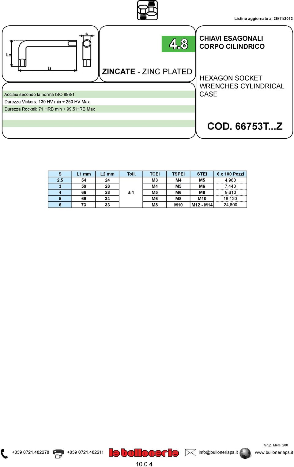 Durezza Rockell: 71 HRB min 99,5 HRB Max ZINCATE - ZINC PLATED HEXAGON SOCKET WRENCHES CYLINDRICAL CASE COD.