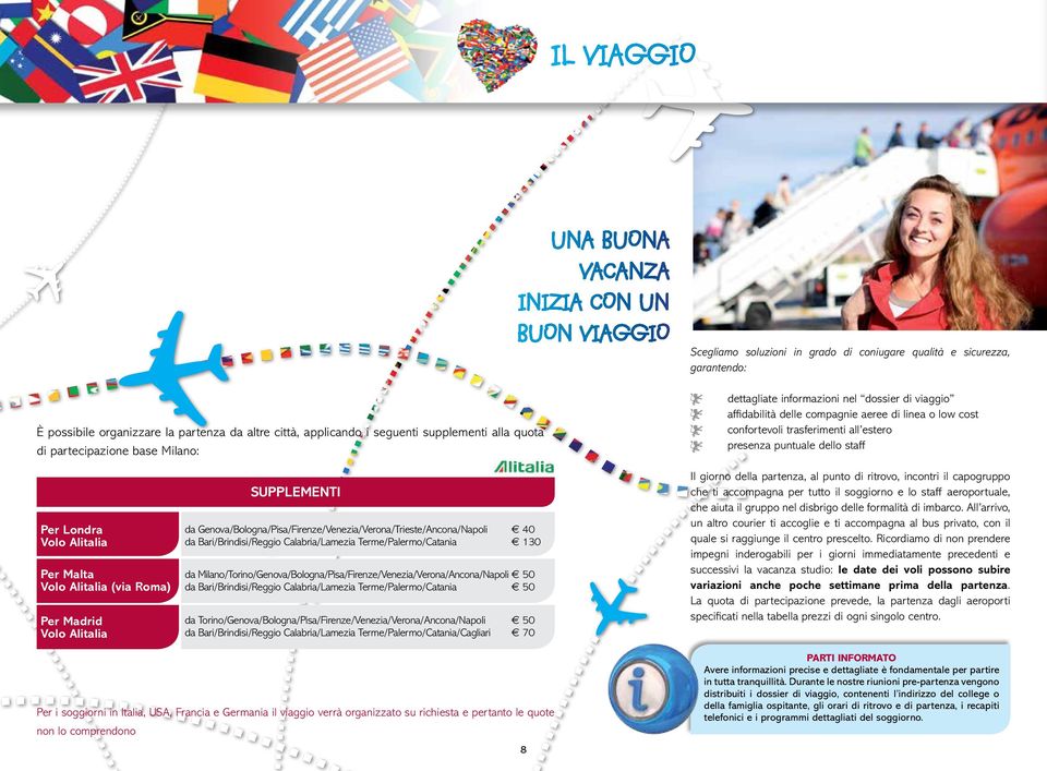 estero presenza puntuale dello staff Per Londra Volo Alitalia Per Malta Volo Alitalia (via Roma) Per Madrid Volo Alitalia supplementi da