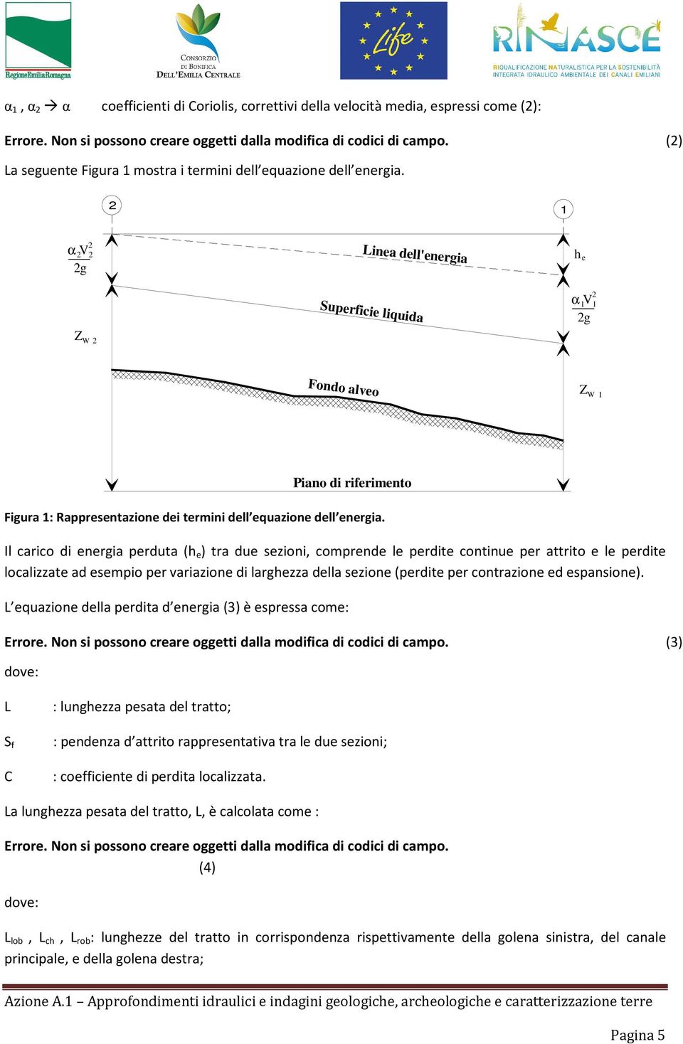 1 α V g Linea dell'energia h e Superficie liquida α 1 V1 g Z W Fondo alveo Z W 1 Piano di riferimento Figura 1: Rappresentazione dei termini dell equazione dell energia.