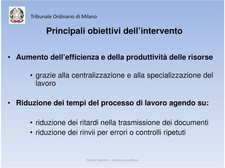 del lavoro Riduzione dei tempi del processo di lavoro agendo su: riduzione dei