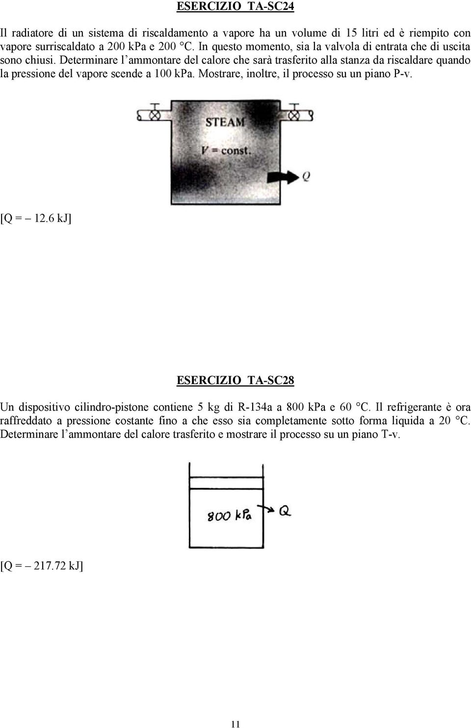 Determinare l ammontare del calore che sarà trasferito alla stanza da riscaldare quando la pressione del vapore scende a 100 kpa. Mostrare, inoltre, il processo su un piano P-v.