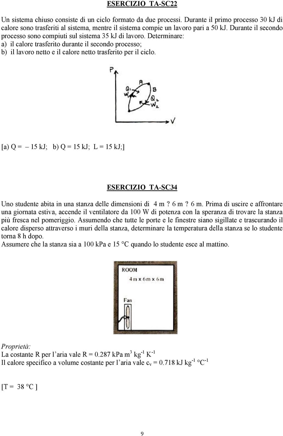 [a) Q = 15 kj; b) Q = 15 kj; L = 15 kj;] ESERCIZIO TA-SC34 Uno studente abita in una stanza delle dimensioni di 4 m? 6 m?